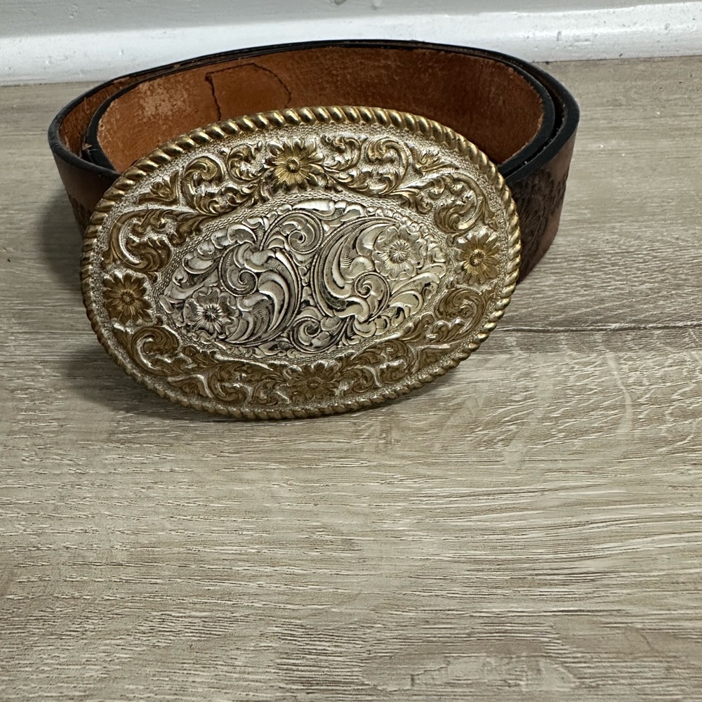 Leegin Genuine Leather Silver Bronze Buckle Brown Belt Tooled Size 36”